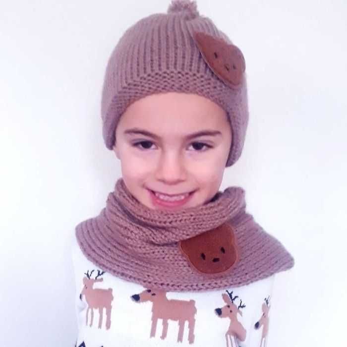 Bonnet et tour de cou en laine ourson garçon ou fille tricotés à la main 2-4 ans - photo numéro 2