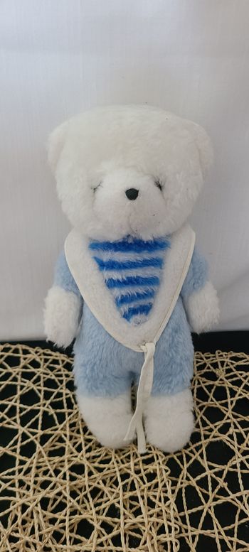 doudou peluche ours bleu blanc rayé bleu NOUNOURS vintage
