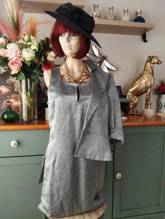 🌹 Ensemble Veste & Robe Gris Irisé Lin Antonelle T38/40🌹 - photo numéro 11