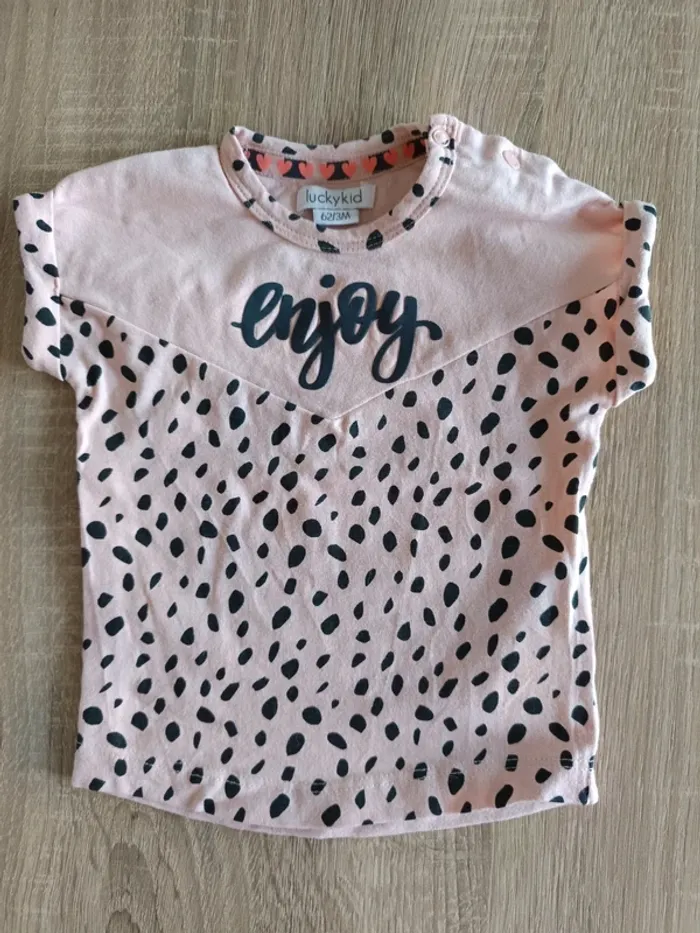 Ensemble haut top t-shirt manches courtes et jupe culotte rose et noir bébé fille 3 mois Lucky kid - photo numéro 2