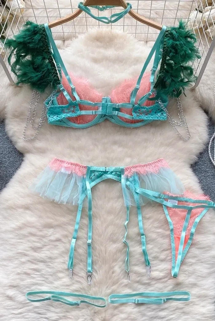Ensemble lingerie dentelle turquoise & rose clair  – Neuf, Taille S - photo numéro 2