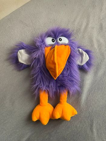 Ancienne Marionnette à main en peluche oiseau toucan purple avec klaxonne dans le bec