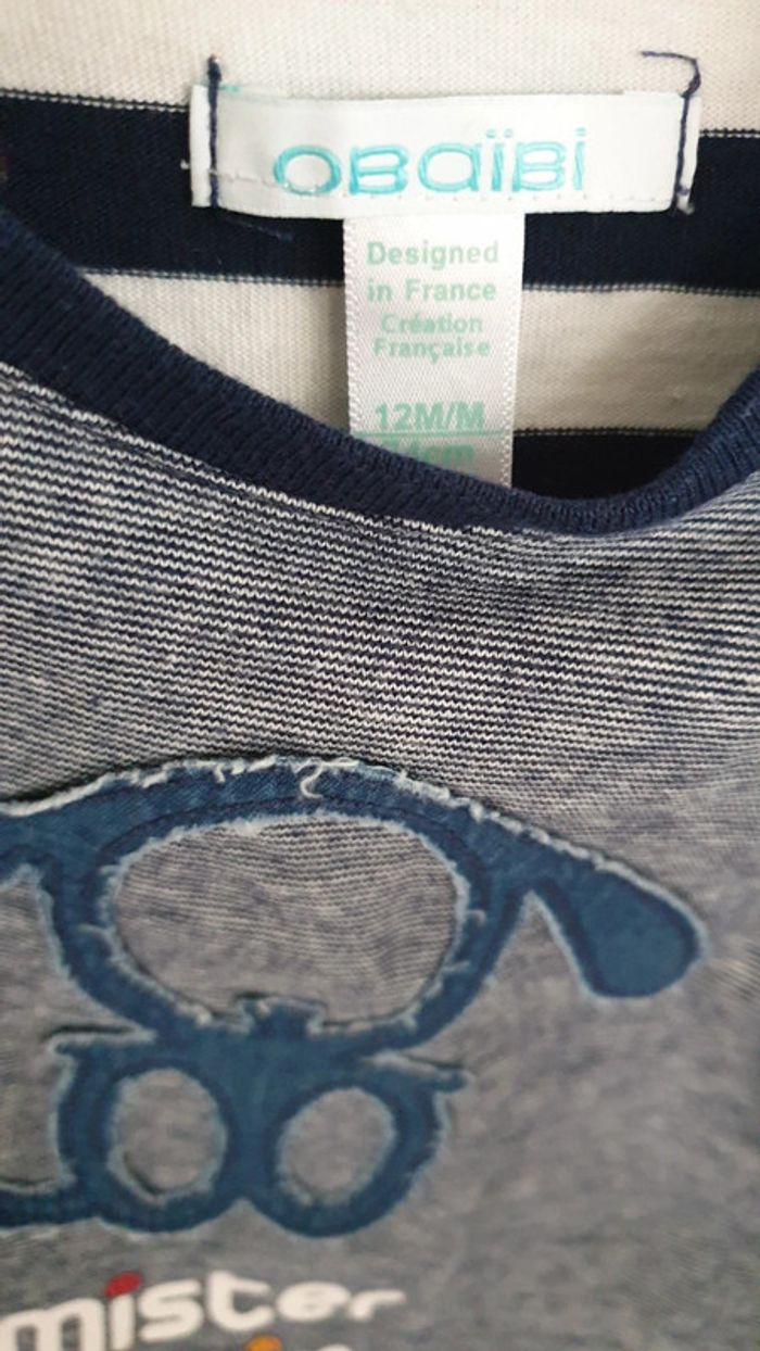 T-shirt manches longues, mister denim, rayé blanc, taille 12 mois, Obaïbi - photo numéro 3