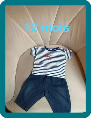 Ensemble t-shirt marin et jean sarouel 12 mois - Petit Bateau