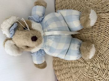 PLUSH PELUCHE DOUDOU VINTAGE LAPIN JACADI BLANC BLEU VICHY 30CM