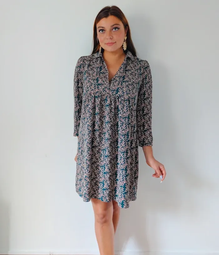 Robe courte trapèze vert foncé fleurie casual chic charlior taille 40 - photo numéro 2