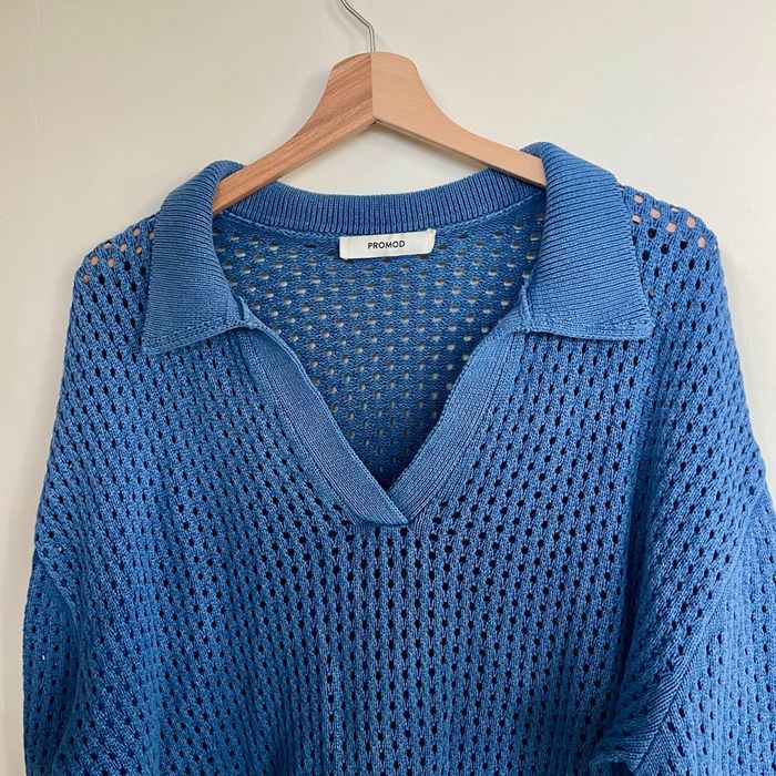 Pull ajouré bleu col polo Promod taille XL coton mélangé maille légère V061 - photo numéro 3