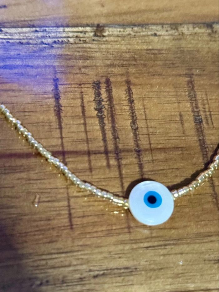 Collier réglable perles dorées œil bleu finition s acier inoxydable or - photo numéro 2