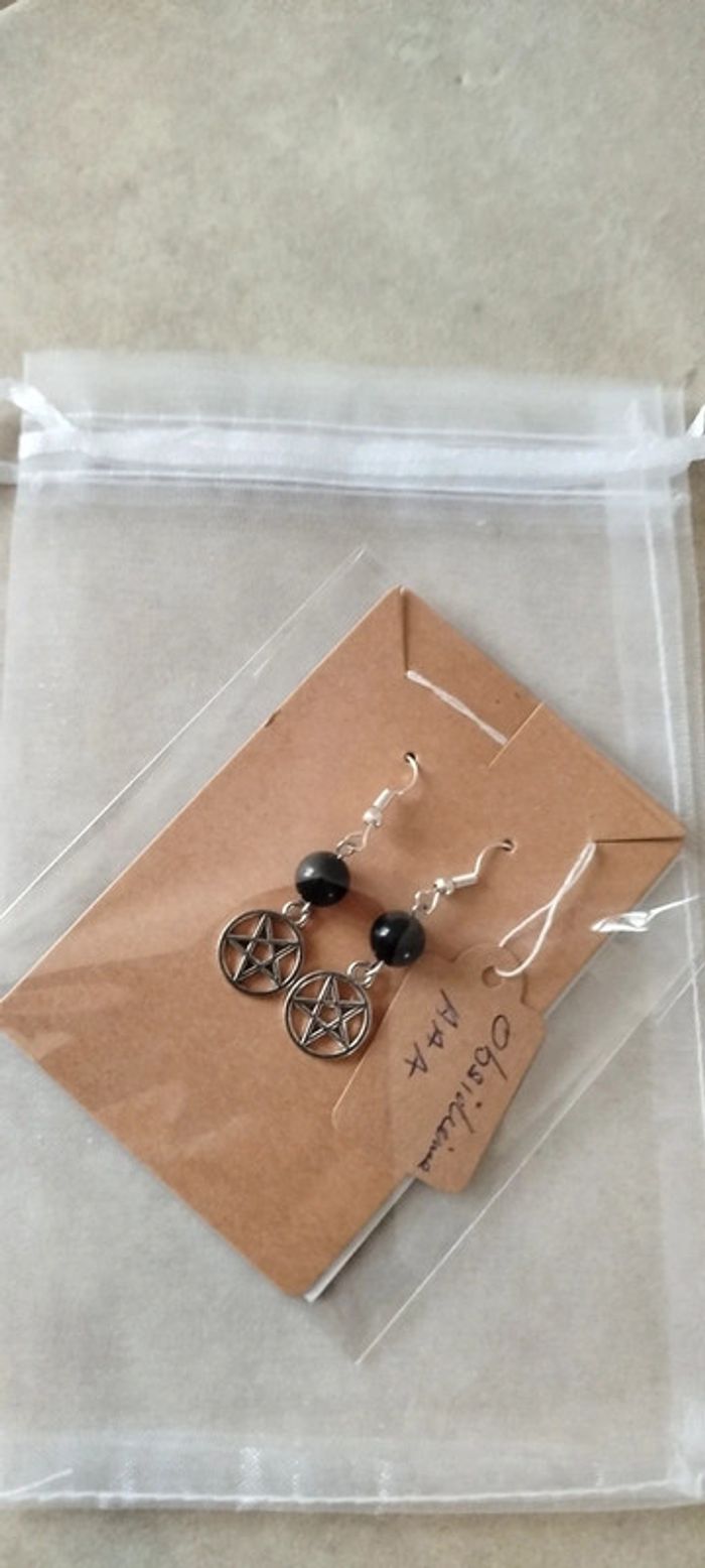 Boucles d'oreilles Pentacle Sorcière en Obsidienne - photo numéro 5