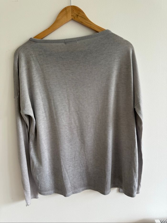 Blouse manches longues gris argenté avec strass noir made in italy taille 40 L - photo numéro 3