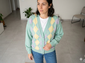 gilet jacquard vert coloré taille 46-48 70% laine 3 Suisses