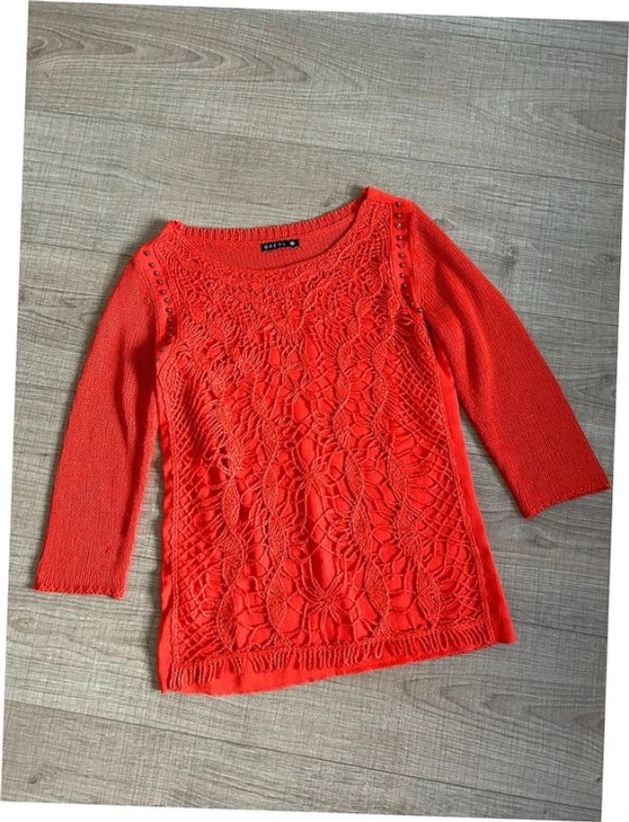 Pull orange avec dentelle et manches 3/4 Bréal taille 36 bon état (petit défaut) - photo numéro 11