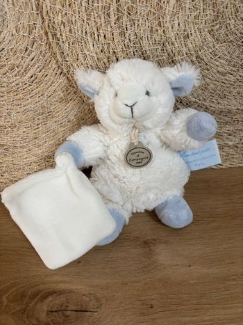 Doudou mouton mouchoir blanc bleu mon tout petit doudou et compagnie
