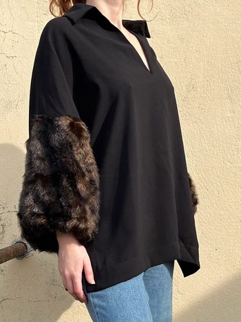 Blouse manches 3/4 avec fausses fourrures - noir et marron