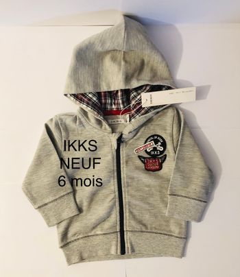 NEUF étiquette IKKS sweat à capuche gris  cardigan zippé hoodie tartan 6 mois lot SOP77
