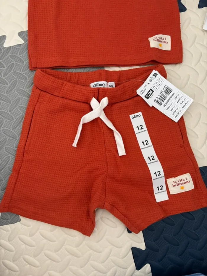 Ensemble/set short - tee shirt gaufré orange 12 mois - photo numéro 4
