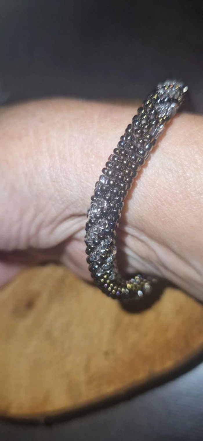 Jonc népalais perles noires et argent tissées - photo numéro 3