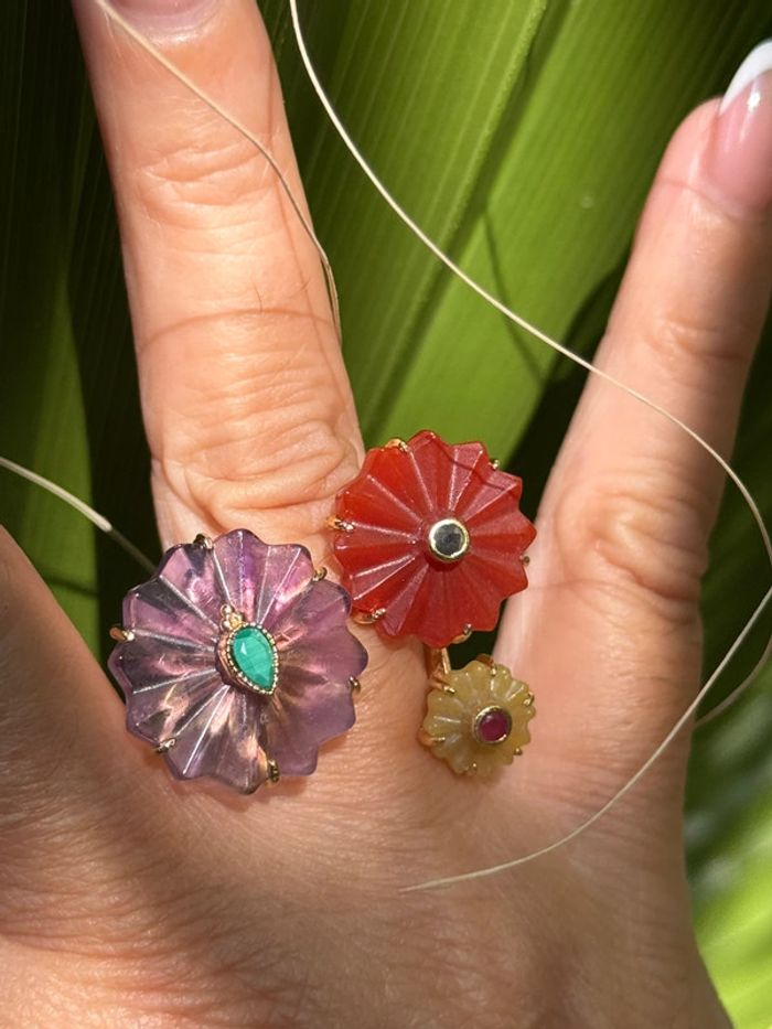 Sublime grande bague réglable habaha Paris fleurs pierres jaspe tournaline  améthyste - photo numéro 4