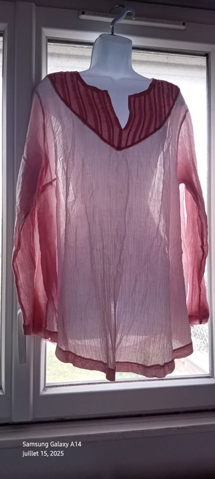 Blouse longue légère col V avec broderies aspect plissé rose femme 48/50 h&m BB - photo numéro 7