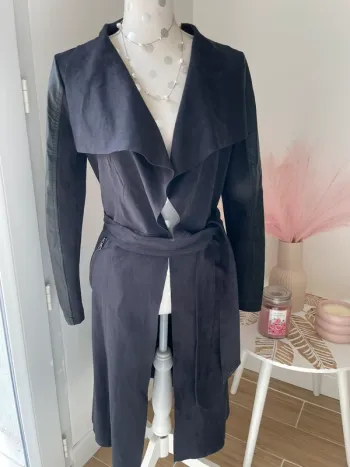 Trench long bi matière suédine/ similicuir noir 36