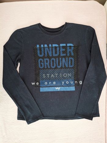 T-shirt manches longues IKKS 12 ans bleu marine avec inscriptions bleues