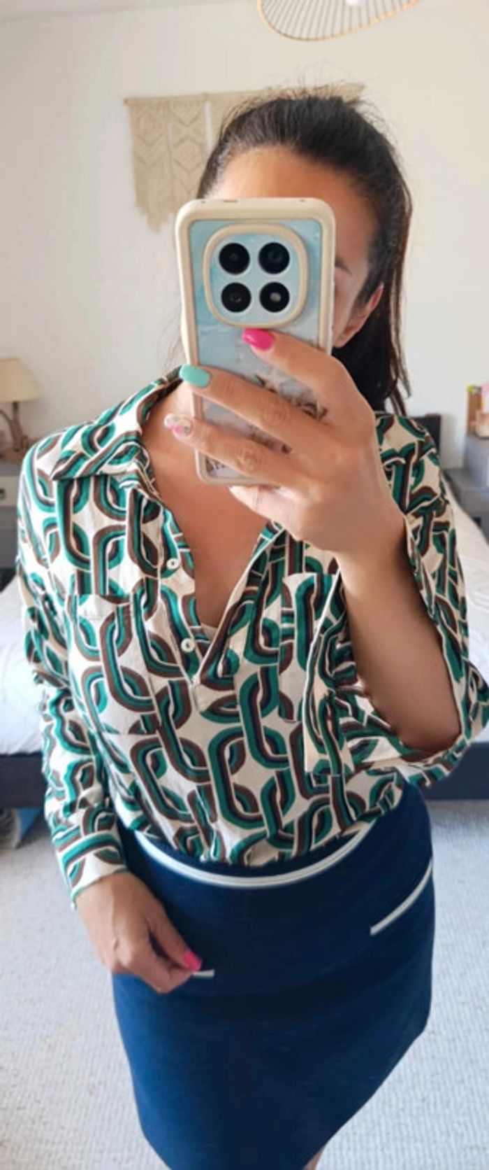 Blouse chemisier Mango XS beige vert motifs 70's vintage manches longues légères - photo numéro 4