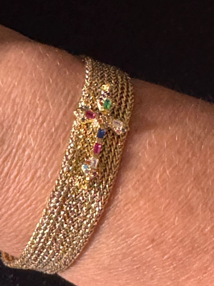 Bracelet manchette fils tissés or réglable croix acier inoxydable or cristaux - photo numéro 6
