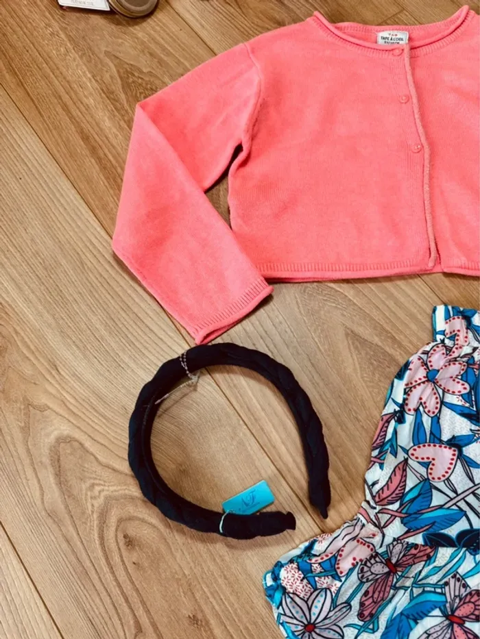 Taille 5 ans tenue 3 pièces fille TAO Divers rose fluo bleu * papillon fleurs * 🌹 - photo numéro 4