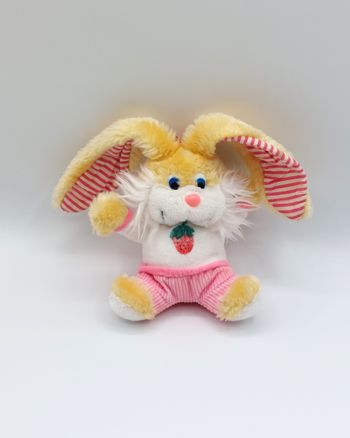 Peluche ancien doudou lapin jaune blanc rose fraise rayures vintage yeux bleus 13/23 cm lire descrip