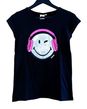 T shirt noir smiley casque audio rose fushia. Coton. Taille XS / 34.