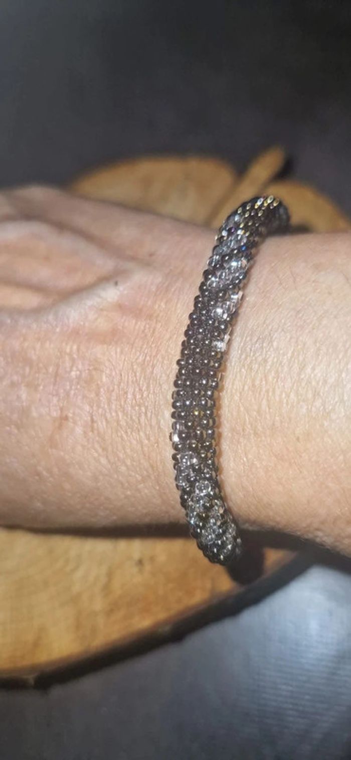 Jonc népalais perles noires et argent tissées - photo numéro 4