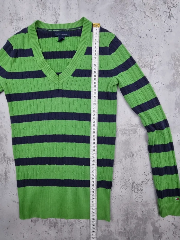 Pull torsadé rayé vert et bleu marine Tommy Hilfiger – Taille XS Femme (mesures en photos) - photo numéro 7