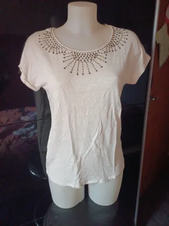 Tee shirt beige en llin strass taille M