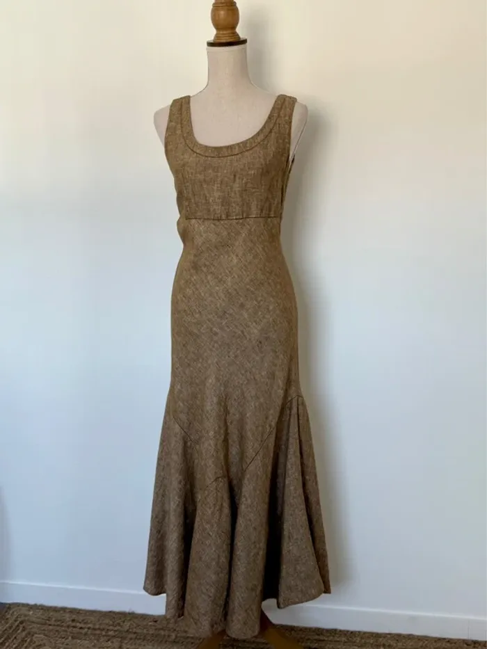 Robe longue marron bretelles été volant zip midi woman donna mujer 40 lin taupe Kleid dress Vestido - photo numéro 5