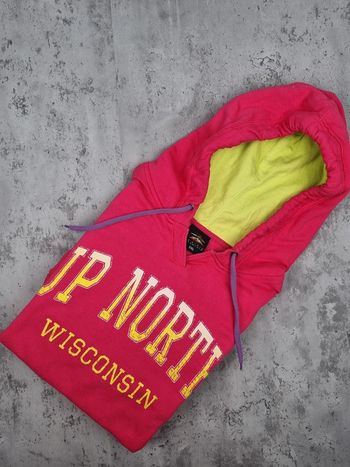 Pull à capuche universitaire Wisconsin rose & jaune – Taille XXL Femme (mesures en photos)