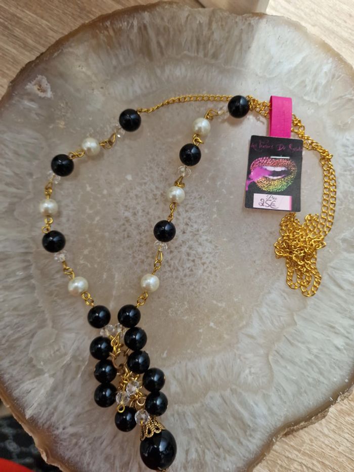 Collier Sautoir Grappe Doré Noir Et Blanc Cristal - photo numéro 7
