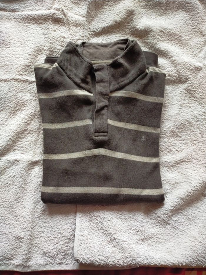 Pull col camionneur rayé gris beige