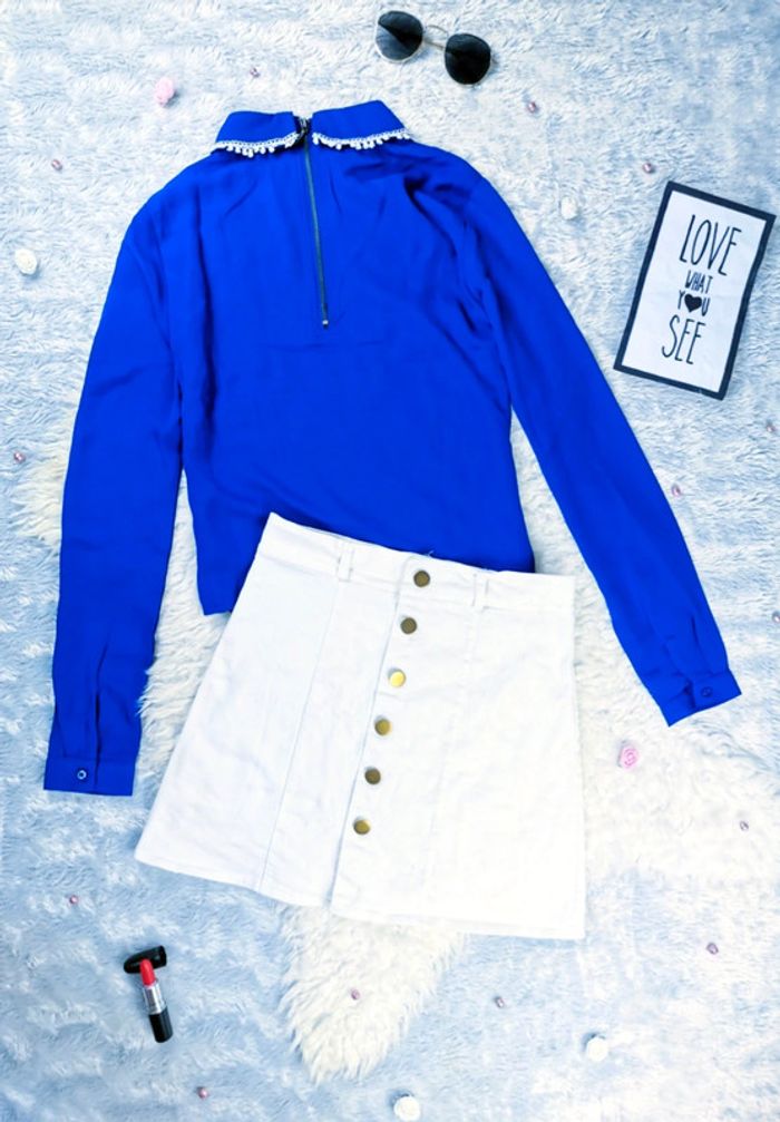 Chemisier bleu roi avec dentelle au niveau du col - T.XS ou T.34 🖤 - photo numéro 3