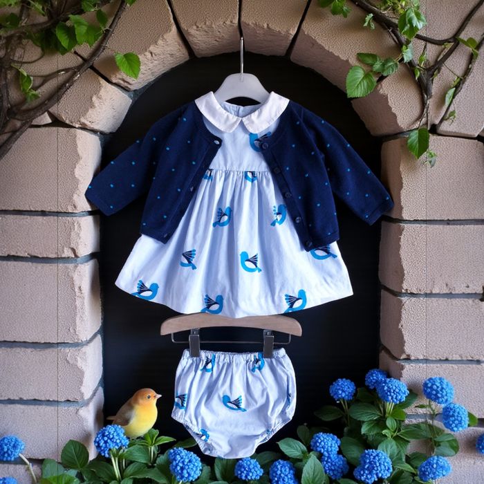 JACADI - ENSEMBLE 3P BÉBÉ FILLE - ROBE, CULOTTE & GILET MOTIF TOURTERELLES 6M