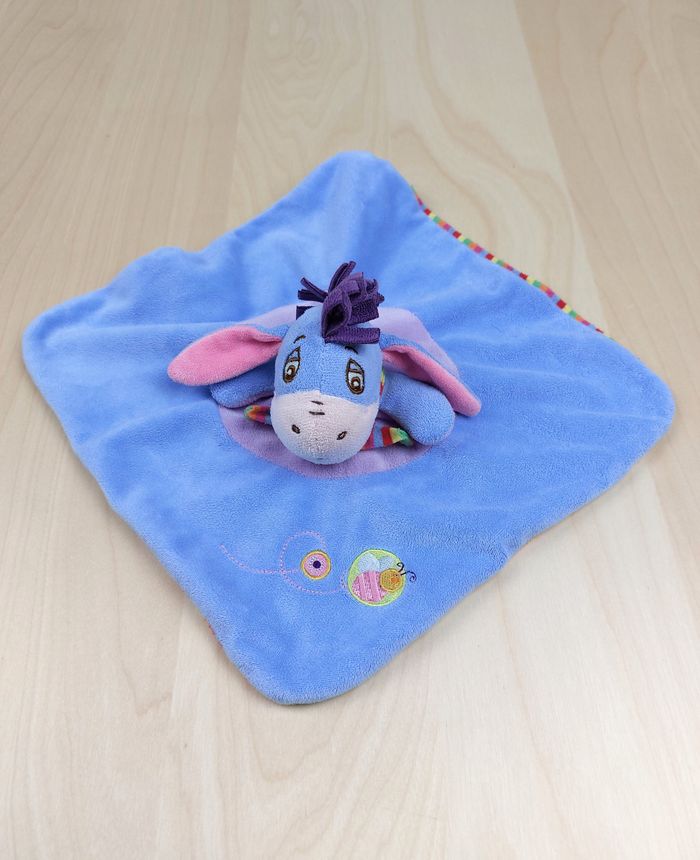 Doudou carré plat âne Bourriquet DISNEY bleu violet rose écharpe brodé abeille