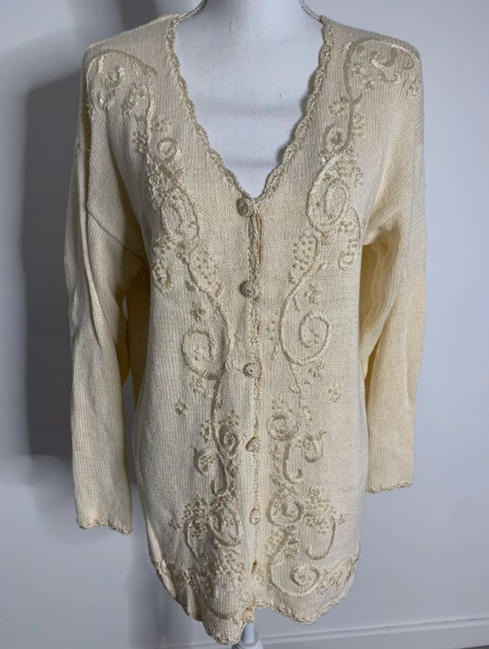Cardigan perles et broderies blanc crème Vintage T36/38 S/M