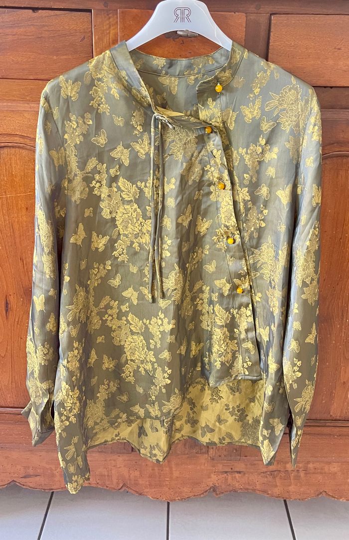 Chemise traditionnelle vert jaune, col Mao , manches longues