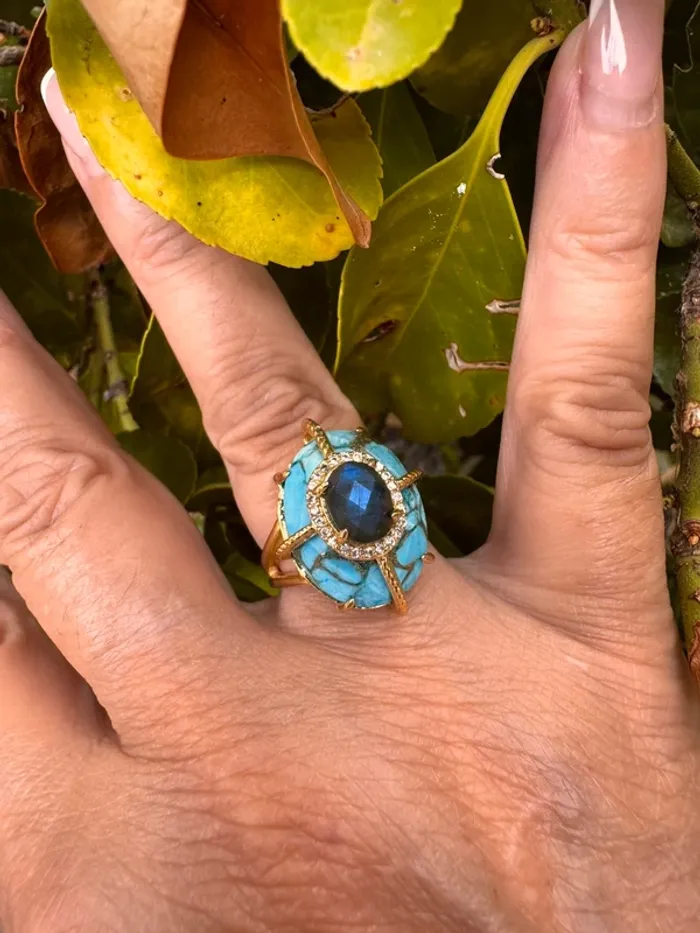 Bague habaha Paris pierres turquoise et jade bleu/reflets vert crique acier inoxydable or réglable - photo numéro 2