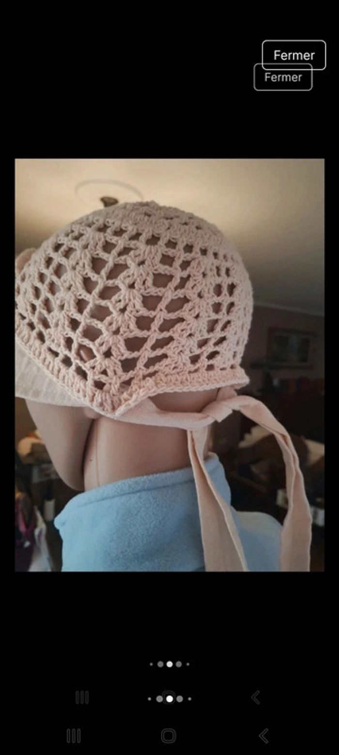 Joli Chapeau beige tricoté en coton/lin fait main - photo numéro 7