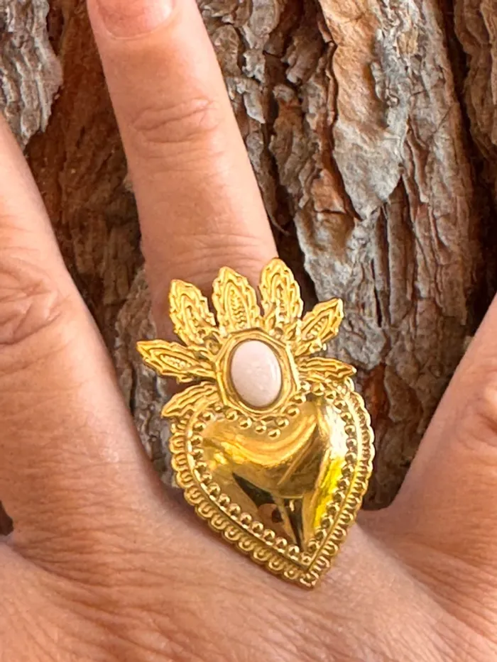 Grosse bague cœur ex-voto acier inoxydable or réglable pierre écrue Mile Mila - photo numéro 6