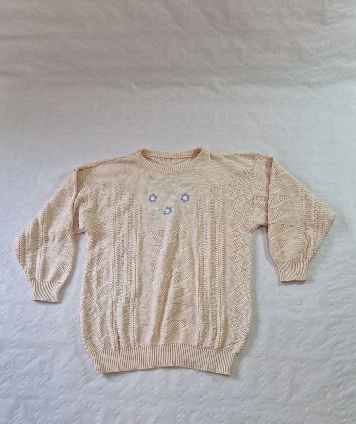 Pull femme en maille , broderie fleurs , vintage, taille S