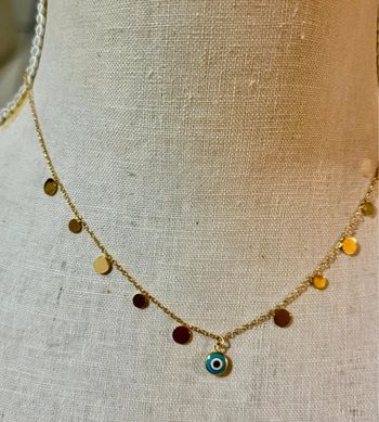Collier chaîne réglable pampilles petites médailles œil acier inoxydable or habaha Paris