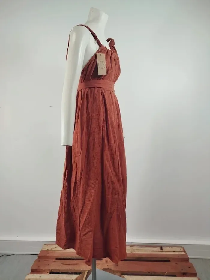 Robe longue rouille Quintessence en coton, effet gaufré, nouée à l'épaule, style bohème A1564 - photo numéro 2