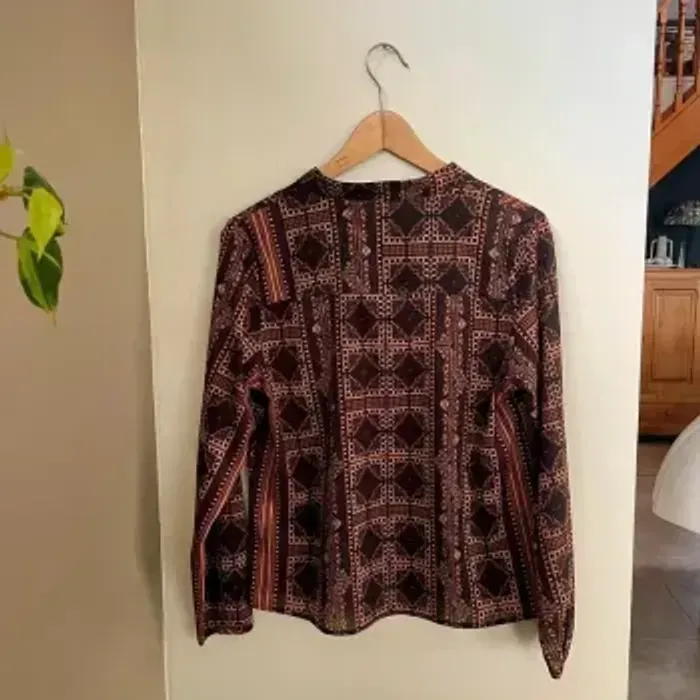 Blouse fluide imprimé ethnique noir et camel Chattawak – taille M, col tunisien V041 - photo numéro 2