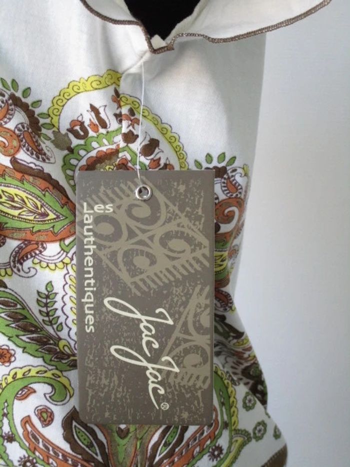 T-shirt blanc motifs chocolat/kaki Jac Jac 38 NEUF - photo numéro 7